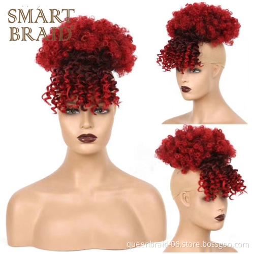 Afro Puff Drawstring Ponytail Bun with Bangs Short Afro Kinky Curly Hairpieces Clips in Pineapple Updo Hair Extensions for Women